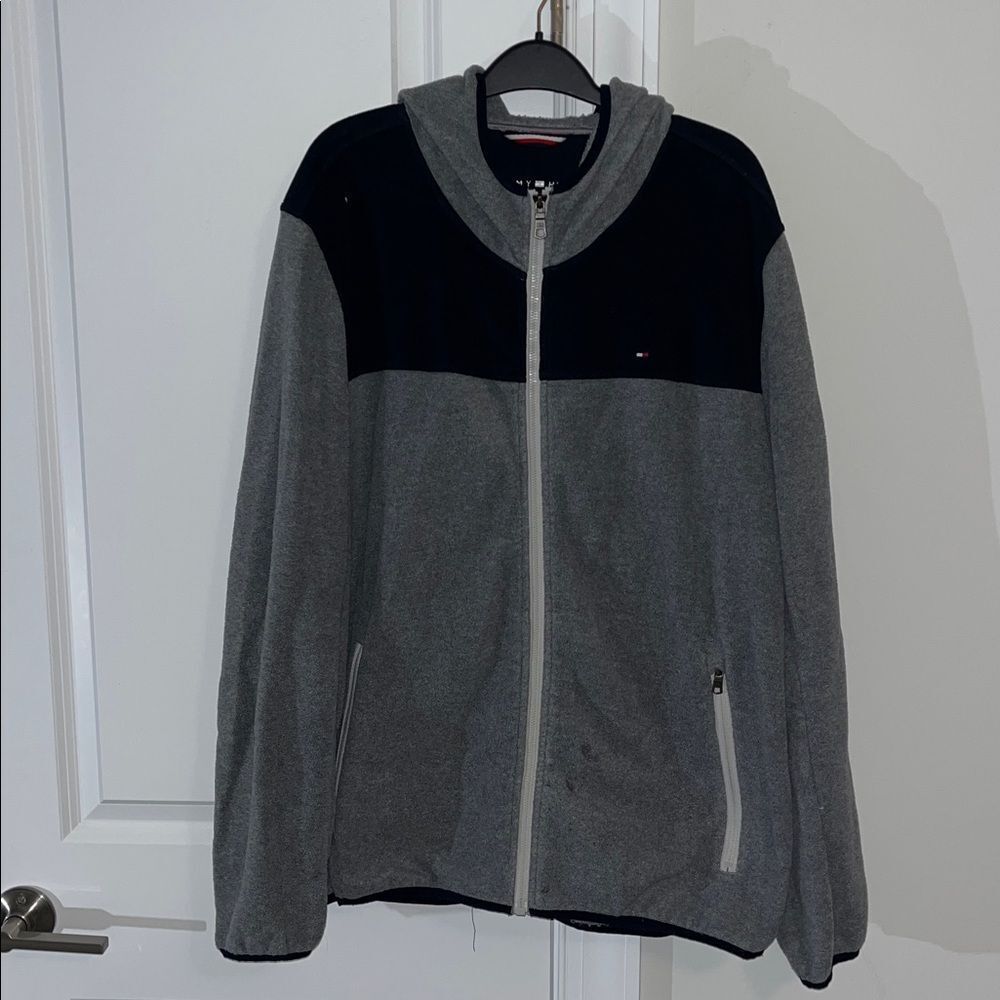 Used Gray/Blue TH Tommy Hilfiger Fleece Zipper Hoodie Hooded Sweatshirt Jacket